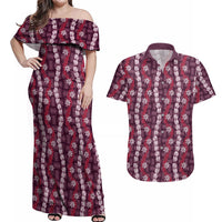 Pikake Maile Tiare Lei Couples Matching Off Shoulder Maxi Dress and Hawaiian Shirt Akala Lauhala Pattern LT01 Pink - Polynesian Pride