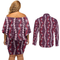 Pikake Maile Tiare Lei Couples Matching Off Shoulder Short Dress and Long Sleeve Button Shirt Akala Lauhala Pattern LT01 - Polynesian Pride