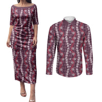 Pikake Maile Tiare Lei Couples Matching Puletasi and Long Sleeve Button Shirt Akala Lauhala Pattern LT01 Pink - Polynesian Pride