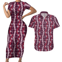 Pikake Maile Tiare Lei Couples Matching Short Sleeve Bodycon Dress and Hawaiian Shirt Akala Lauhala Pattern LT01 Pink - Polynesian Pride