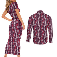 Pikake Maile Tiare Lei Couples Matching Short Sleeve Bodycon Dress and Long Sleeve Button Shirt Akala Lauhala Pattern LT01 - Polynesian Pride