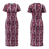 Pikake Maile Tiare Lei Couples Matching Short Sleeve Bodycon Dress and Long Sleeve Button Shirt Akala Lauhala Pattern LT01 - Polynesian Pride