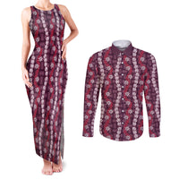 Pikake Maile Tiare Lei Couples Matching Tank Maxi Dress and Long Sleeve Button Shirt Akala Lauhala Pattern LT01 Pink - Polynesian Pride
