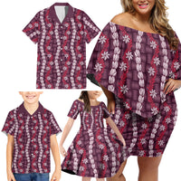 Pikake Maile Tiare Lei Family Matching Off Shoulder Short Dress and Hawaiian Shirt Akala Lauhala Pattern LT01 - Polynesian Pride