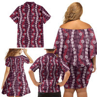 Pikake Maile Tiare Lei Family Matching Off Shoulder Short Dress and Hawaiian Shirt Akala Lauhala Pattern LT01 Mom's Dress Pink - Polynesian Pride