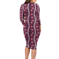 Pikake Maile Tiare Lei Long Sleeve Bodycon Dress Akala Lauhala Pattern LT01 - Polynesian Pride