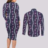 Pikake Maile Tiare Lei Couples Matching Long Sleeve Bodycon Dress and Long Sleeve Button Shirt Poni Lauhala Pattern LT01 - Polynesian Pride
