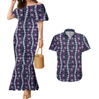 Pikake Maile Tiare Lei Couples Matching Mermaid Dress and Hawaiian Shirt Poni Lauhala Pattern LT01 Purple - Polynesian Pride