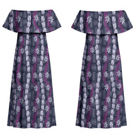 Pikake Maile Tiare Lei Couples Matching Off Shoulder Maxi Dress and Long Sleeve Button Shirt Poni Lauhala Pattern LT01 - Polynesian Pride