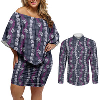 Pikake Maile Tiare Lei Couples Matching Off Shoulder Short Dress and Long Sleeve Button Shirt Poni Lauhala Pattern LT01 Purple - Polynesian Pride