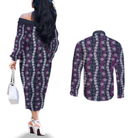 Pikake Maile Tiare Lei Couples Matching Off The Shoulder Long Sleeve Dress and Long Sleeve Button Shirt Poni Lauhala Pattern LT01 - Polynesian Pride