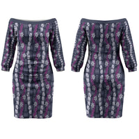 Pikake Maile Tiare Lei Couples Matching Off The Shoulder Long Sleeve Dress and Long Sleeve Button Shirt Poni Lauhala Pattern LT01 - Polynesian Pride