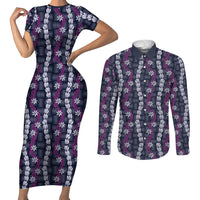 Pikake Maile Tiare Lei Couples Matching Short Sleeve Bodycon Dress and Long Sleeve Button Shirt Poni Lauhala Pattern LT01 Purple - Polynesian Pride