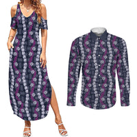 Pikake Maile Tiare Lei Couples Matching Summer Maxi Dress and Long Sleeve Button Shirt Poni Lauhala Pattern LT01 Purple - Polynesian Pride