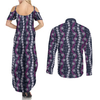 Pikake Maile Tiare Lei Couples Matching Summer Maxi Dress and Long Sleeve Button Shirt Poni Lauhala Pattern LT01 - Polynesian Pride
