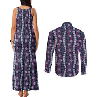 Pikake Maile Tiare Lei Couples Matching Tank Maxi Dress and Long Sleeve Button Shirt Poni Lauhala Pattern LT01 - Polynesian Pride