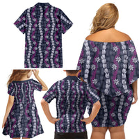 Pikake Maile Tiare Lei Family Matching Off Shoulder Short Dress and Hawaiian Shirt Poni Lauhala Pattern LT01 Mom's Dress Purple - Polynesian Pride