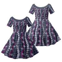 Pikake Maile Tiare Lei Family Matching Off Shoulder Short Dress and Hawaiian Shirt Poni Lauhala Pattern LT01 Daughter's Dress Purple - Polynesian Pride