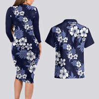 Hawaiian Hibiscus Tribal Floral Blue Couples Matching Long Sleeve Bodycon Dress and Hawaiian Shirt Polynesian Tapa Pattern LT01 - Polynesian Pride