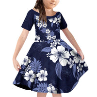 Hawaiian Hibiscus Tribal Floral Blue Family Matching Off Shoulder Short Dress and Hawaiian Shirt Polynesian Tapa Pattern LT01 Daughter's Dress Blue - Polynesian Pride