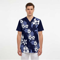 Hawaiian Hibiscus Tribal Floral Blue Scrub Top Polynesian Tapa Pattern - Polynesian Pride