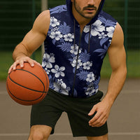 Hawaiian Hibiscus Tribal Floral Blue Sleeveless Zip Hoodie Polynesian Tapa Pattern - Polynesian Pride