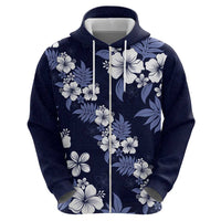 Hawaiian Hibiscus Tribal Floral Blue Zip Hoodie Polynesian Tapa Pattern - Polynesian Pride