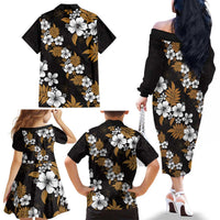 Hawaiian Hibiscus Tribal Floral Brown Family Matching Off The Shoulder Long Sleeve Dress and Hawaiian Shirt Polynesian Tapa Pattern LT01 - Polynesian Pride