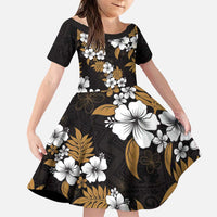 Hawaiian Hibiscus Tribal Floral Brown Family Matching Puletasi and Hawaiian Shirt Polynesian Tapa Pattern LT01 Daughter's Dress Brown - Polynesian Pride