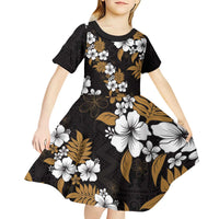 Hawaiian Hibiscus Tribal Floral Brown Kid Short Sleeve Dress Polynesian Tapa Pattern - Polynesian Pride