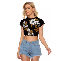 Hawaiian Hibiscus Tribal Floral Brown Raglan Cropped T Shirt Polynesian Tapa Pattern - Polynesian Pride
