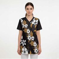 Hawaiian Hibiscus Tribal Floral Brown Scrub Top Polynesian Tapa Pattern - Polynesian Pride