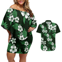Hawaiian Hibiscus Tribal Floral Green Couples Matching Off Shoulder Short Dress and Hawaiian Shirt Polynesian Tapa Pattern LT01 Green - Polynesian Pride