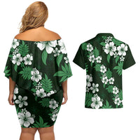 Hawaiian Hibiscus Tribal Floral Green Couples Matching Off Shoulder Short Dress and Hawaiian Shirt Polynesian Tapa Pattern LT01 - Polynesian Pride