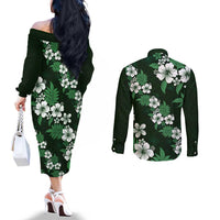 Hawaiian Hibiscus Tribal Floral Green Couples Matching Off The Shoulder Long Sleeve Dress and Long Sleeve Button Shirt Polynesian Tapa Pattern LT01 - Polynesian Pride