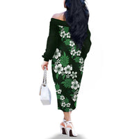 Hawaiian Hibiscus Tribal Floral Green Family Matching Off The Shoulder Long Sleeve Dress and Hawaiian Shirt Polynesian Tapa Pattern LT01 - Polynesian Pride