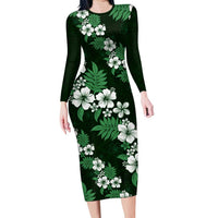 Hawaiian Hibiscus Tribal Floral Green Long Sleeve Bodycon Dress Polynesian Tapa Pattern - Polynesian Pride