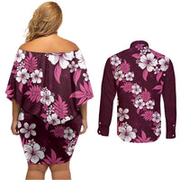 Hawaiian Hibiscus Tribal Floral Pink Couples Matching Off Shoulder Short Dress and Long Sleeve Button Shirt Polynesian Tapa Pattern LT01 - Polynesian Pride