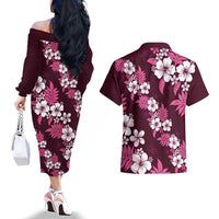 Hawaiian Hibiscus Tribal Floral Pink Couples Matching Off The Shoulder Long Sleeve Dress and Hawaiian Shirt Polynesian Tapa Pattern LT01 - Polynesian Pride