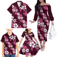 Hawaiian Hibiscus Tribal Floral Pink Family Matching Off The Shoulder Long Sleeve Dress and Hawaiian Shirt Polynesian Tapa Pattern LT01 - Polynesian Pride