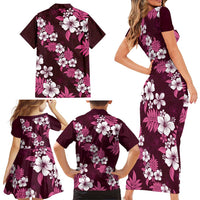 Hawaiian Hibiscus Tribal Floral Pink Family Matching Short Sleeve Bodycon Dress and Hawaiian Shirt Polynesian Tapa Pattern - Polynesian Pride