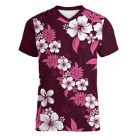Hawaiian Hibiscus Tribal Floral Pink Women V-Neck T-Shirt Polynesian Tapa Pattern - Polynesian Pride