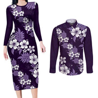 Hawaiian Hibiscus Tribal Floral Purple Couples Matching Long Sleeve Bodycon Dress and Long Sleeve Button Shirt Polynesian Tapa Pattern LT01 Purple - Polynesian Pride