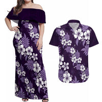 Hawaiian Hibiscus Tribal Floral Purple Couples Matching Off Shoulder Maxi Dress and Hawaiian Shirt Polynesian Tapa Pattern LT01 Purple - Polynesian Pride