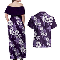 Hawaiian Hibiscus Tribal Floral Purple Couples Matching Off Shoulder Maxi Dress and Hawaiian Shirt Polynesian Tapa Pattern LT01 - Polynesian Pride