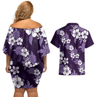 Hawaiian Hibiscus Tribal Floral Purple Couples Matching Off Shoulder Short Dress and Hawaiian Shirt Polynesian Tapa Pattern LT01 - Polynesian Pride