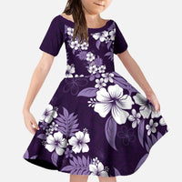 Hawaiian Hibiscus Tribal Floral Purple Family Matching Off The Shoulder Long Sleeve Dress and Hawaiian Shirt Polynesian Tapa Pattern LT01 Daughter's Dress Purple - Polynesian Pride