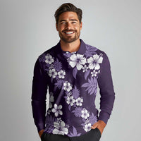 Hawaiian Hibiscus Tribal Floral Purple Long Sleeve Polo Shirt Polynesian Tapa Pattern - Polynesian Pride