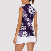 Hawaiian Hibiscus Tribal Floral Purple Women Sleeveless Polo Shirt Polynesian Tapa Pattern - Polynesian Pride