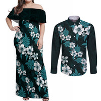 Hawaiian Hibiscus Tribal Floral Teal Couples Matching Off Shoulder Maxi Dress and Long Sleeve Button Shirt Polynesian Tapa Pattern LT01 Teal - Polynesian Pride